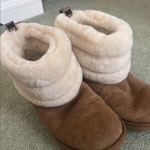 Cream and Brown Ankle-High Plush Slippers